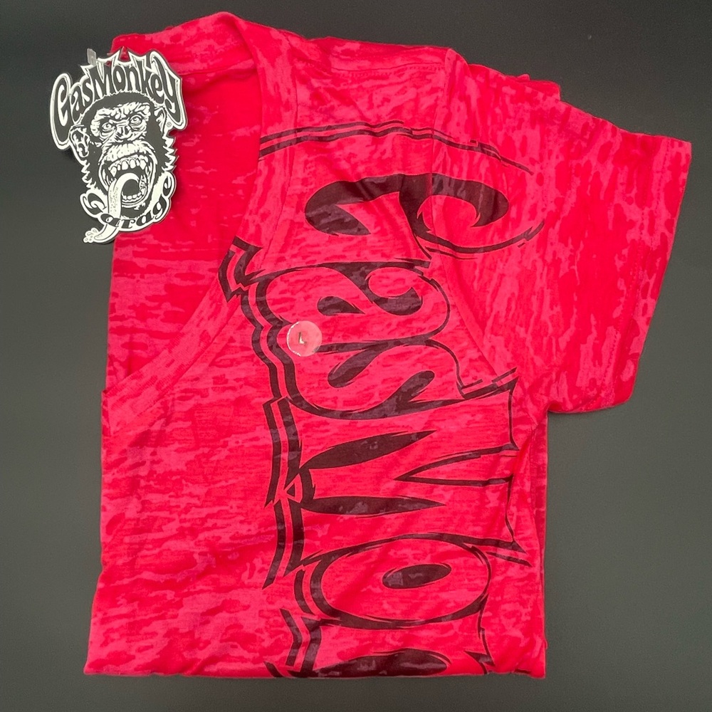 GasMonkey Vneck tshirt HOT PINK sheer women’s size LRG